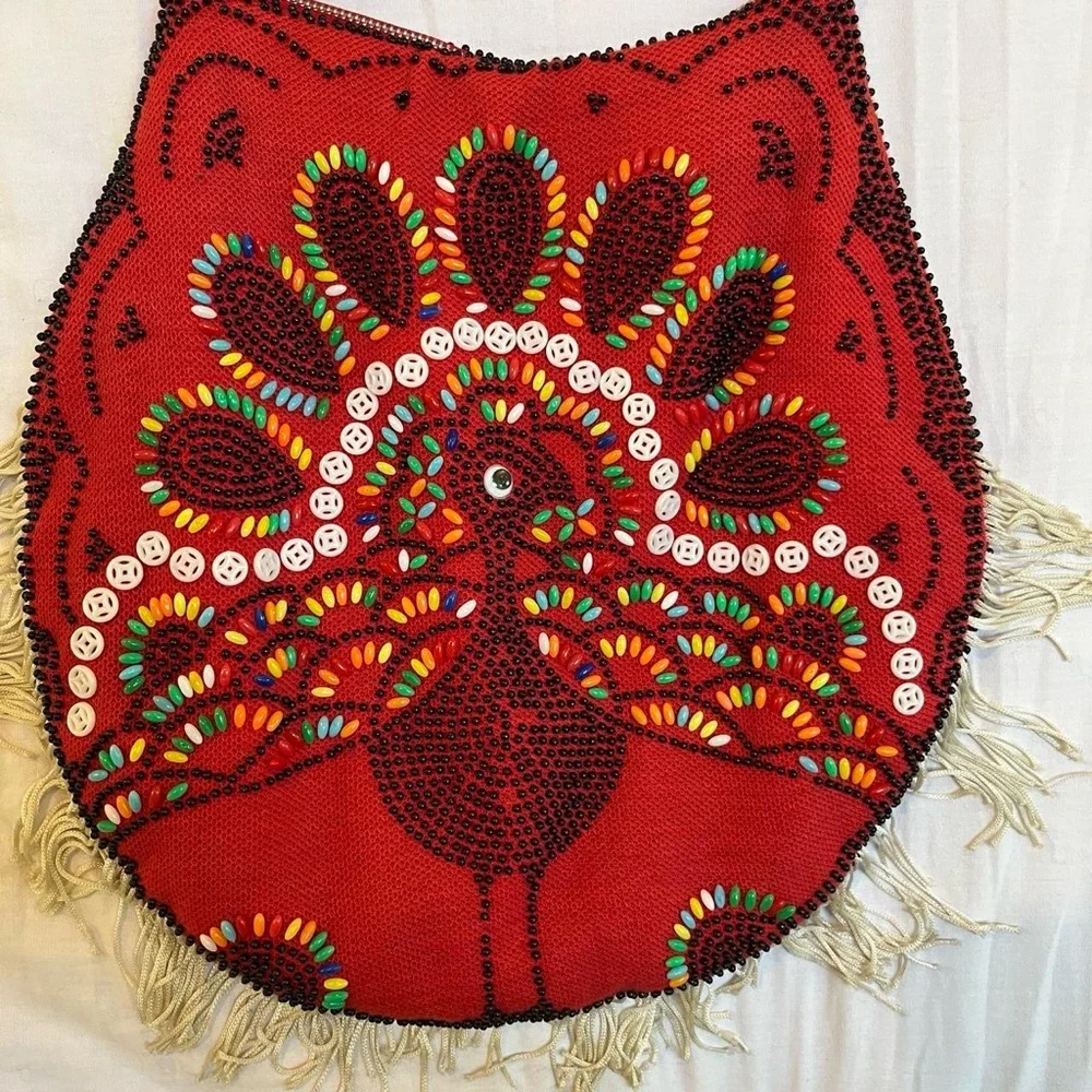 Red Beaded and Embroidered Peacock Satchel Purse‎ Vintage 1970s